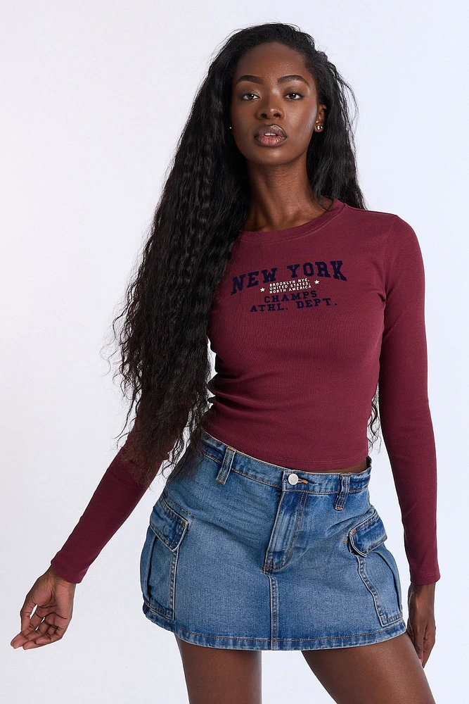 New York Flocked Graphic Long Sleeve Baby Tee