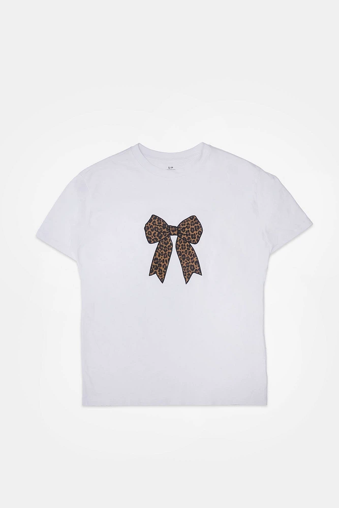 Leopard Bow Embroidered Graphic Boyfriend Tee