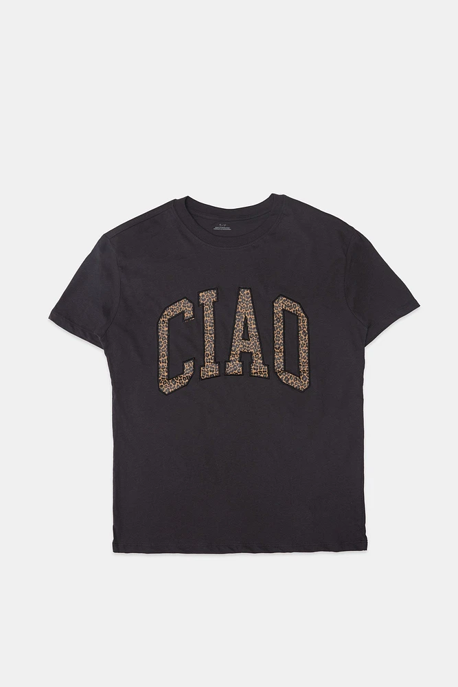 Ciao Leopard Embroidered Graphic Boyfriend Tee