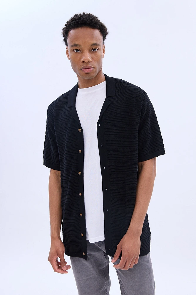 Button-Up Short Sleeve Textured Knit Polo