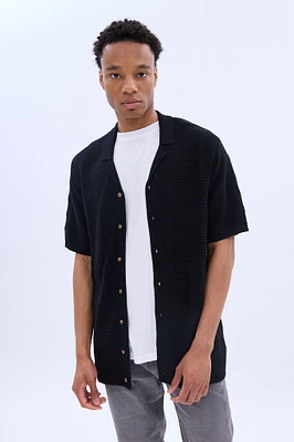 Button-Up Short Sleeve Textured Knit Polo