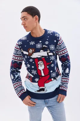 Santa and Jesus Skating Graphic Crew Neck Sweater