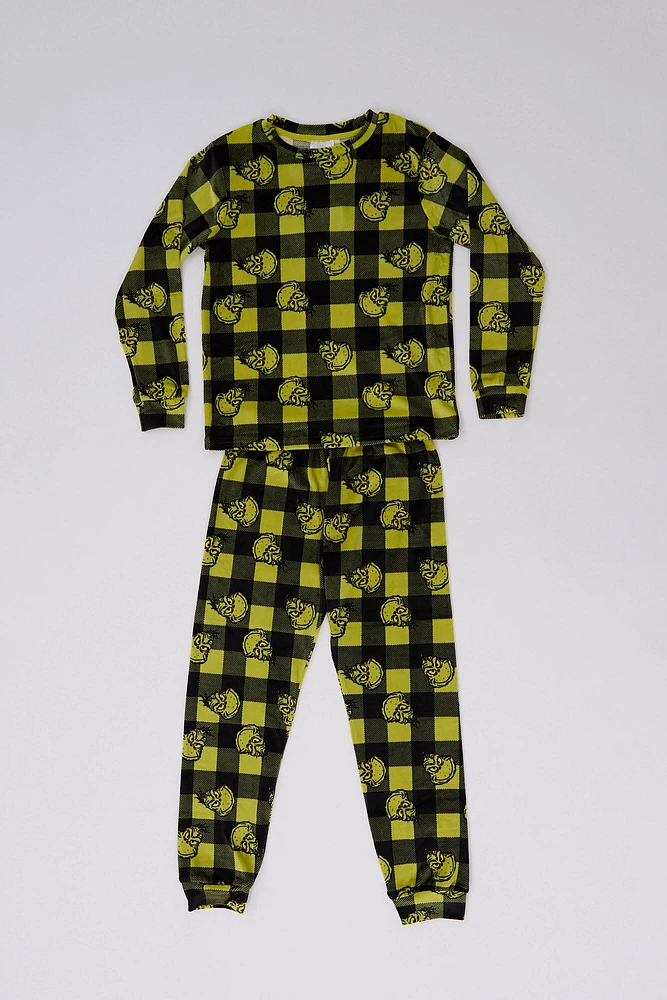 Girls' The Grinch Plaid Printed 2-Piece Pajama Top And Jogger Set