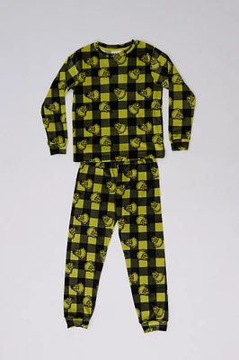 Girls' The Grinch Plaid Printed 2-Piece Pajama Top And Jogger Set