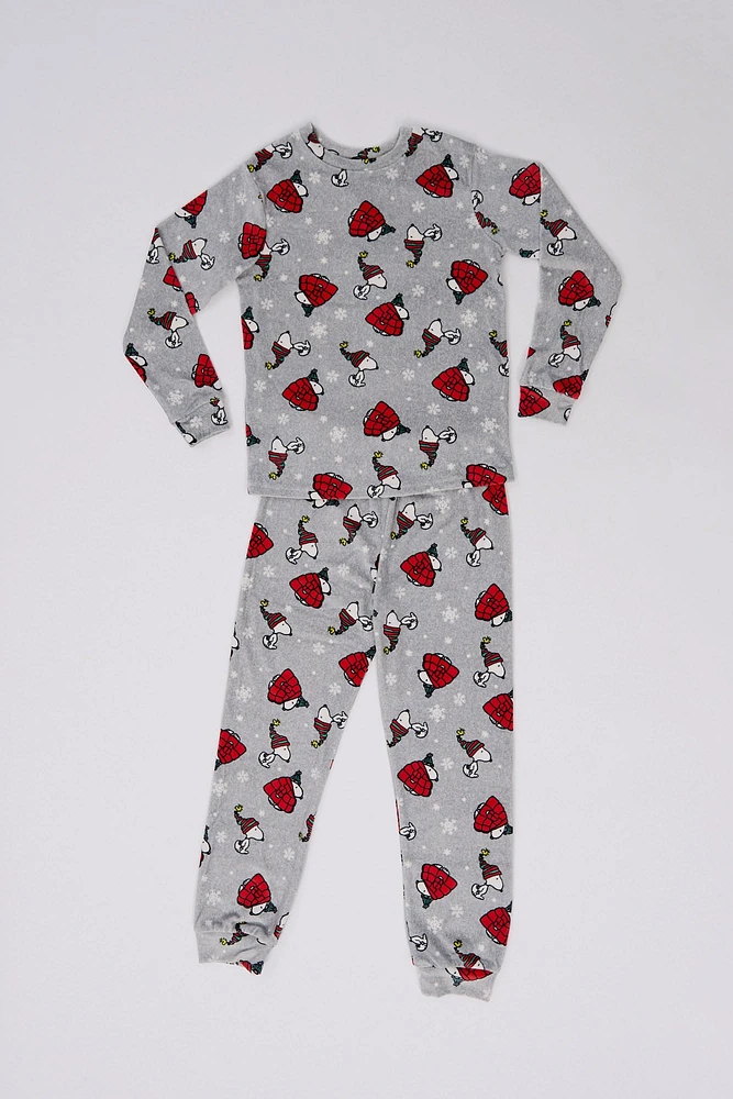 Girls' Peanuts Snoopy Winter Coat Printed 2-Piece Pajama Top And Jogger Set