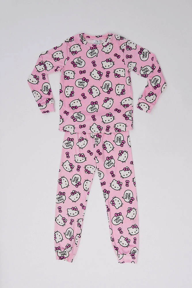 Girls' Hello Kitty Bow Printed 2-Piece Pajama Top And Jogger Set