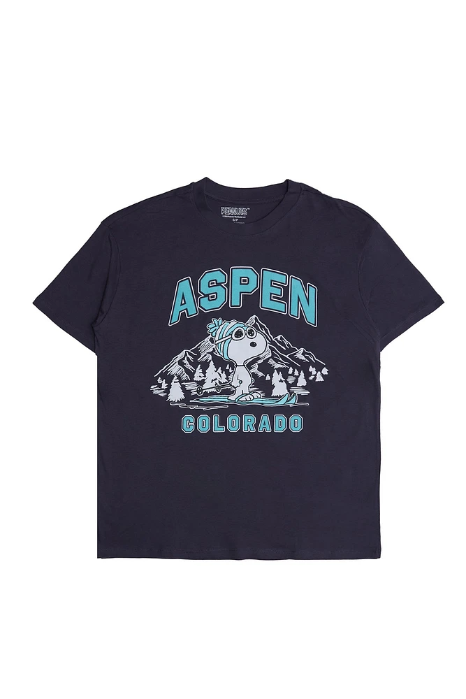 Peanuts Snoopy Aspen Colorado Graphic Flocked Relaxed Tee