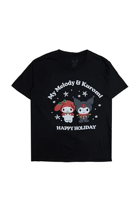 T-shirt décontracté imprimé graphique My Melody et Kuromi Happy Holidays