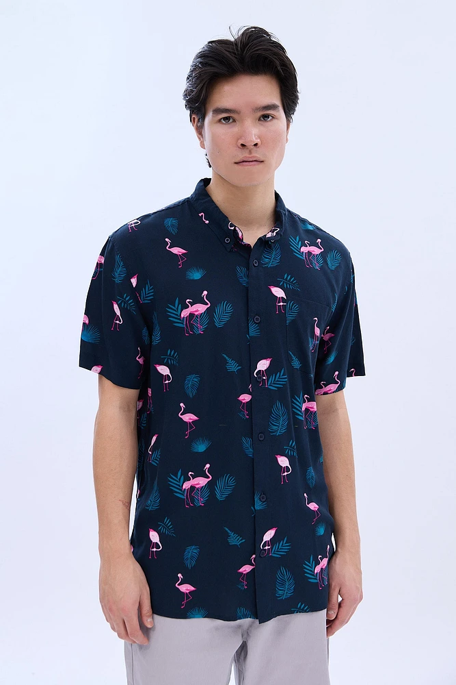 AERO Tropical Flamingo Print Short Sleeve Resort Shirt