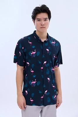 AERO Tropical Flamingo Print Short Sleeve Resort Shirt