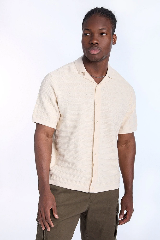 Ribbed Textured Sweater Knit Short Sleeve Shirt