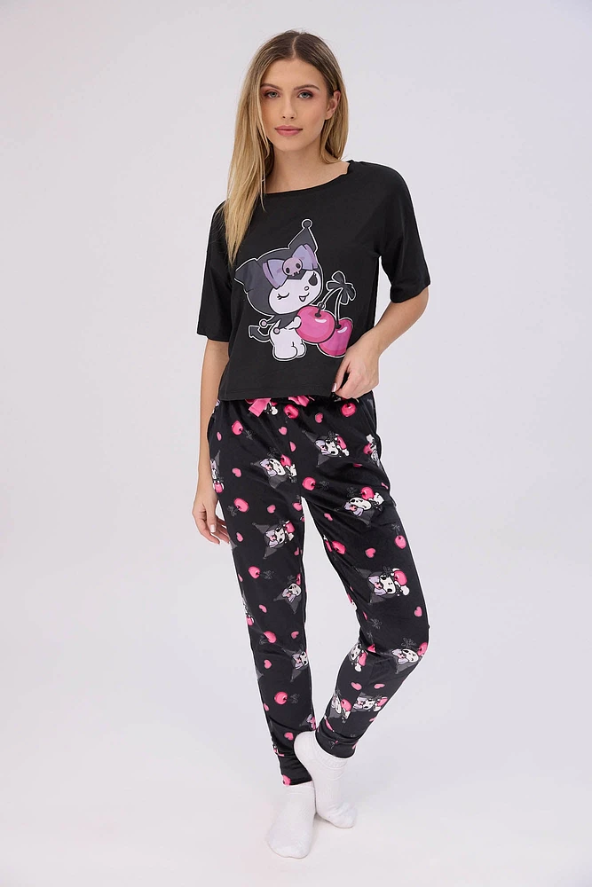 Ensemble jogger en velour et t-shirt pyjama super doux imprimé Kuromi