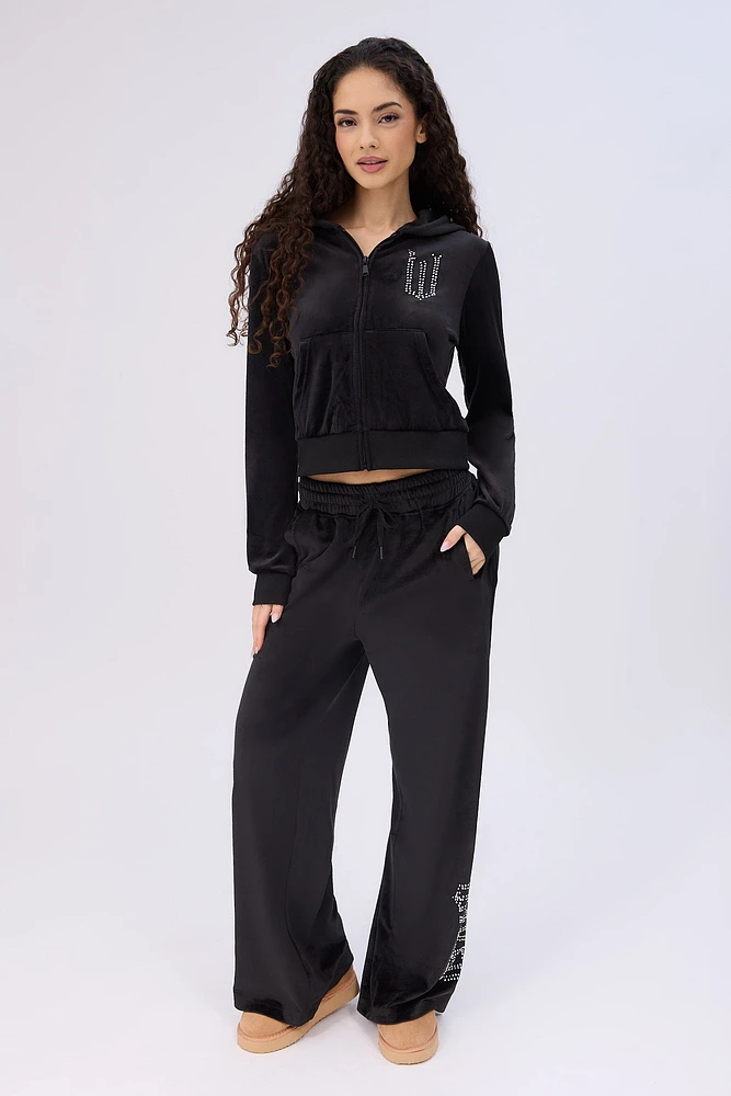 Wicked Rhinestones Velour Zip-Up Hoodie And Sweatpants 2-Piece Set