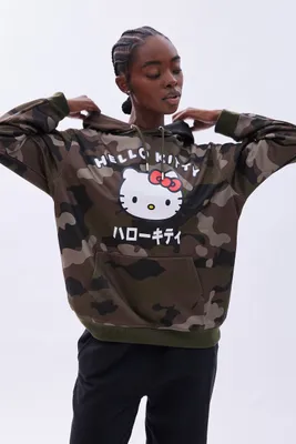 Hello Kitty Camouflage Graphic Oversized Pullover Hoodie