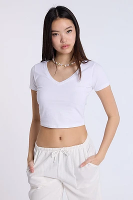 Cotton Short Sleeve V-Neck Cropped Tee