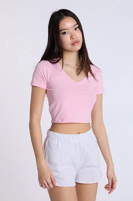 Cotton Short Sleeve V-Neck Cropped Tee