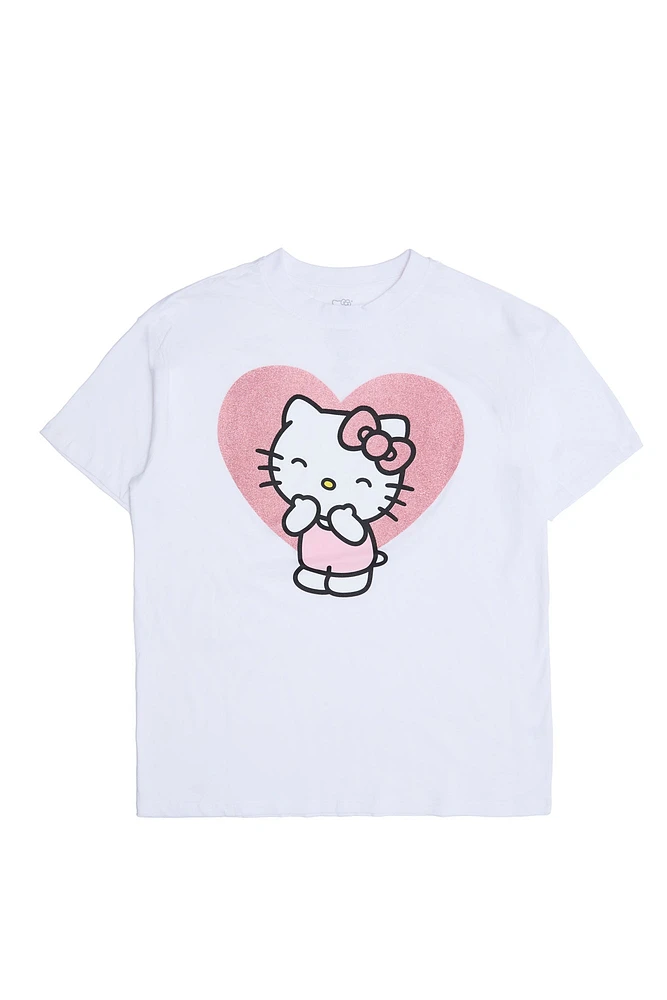 Hello Kitty Heart Graphic Glitter Print Relaxed Tee