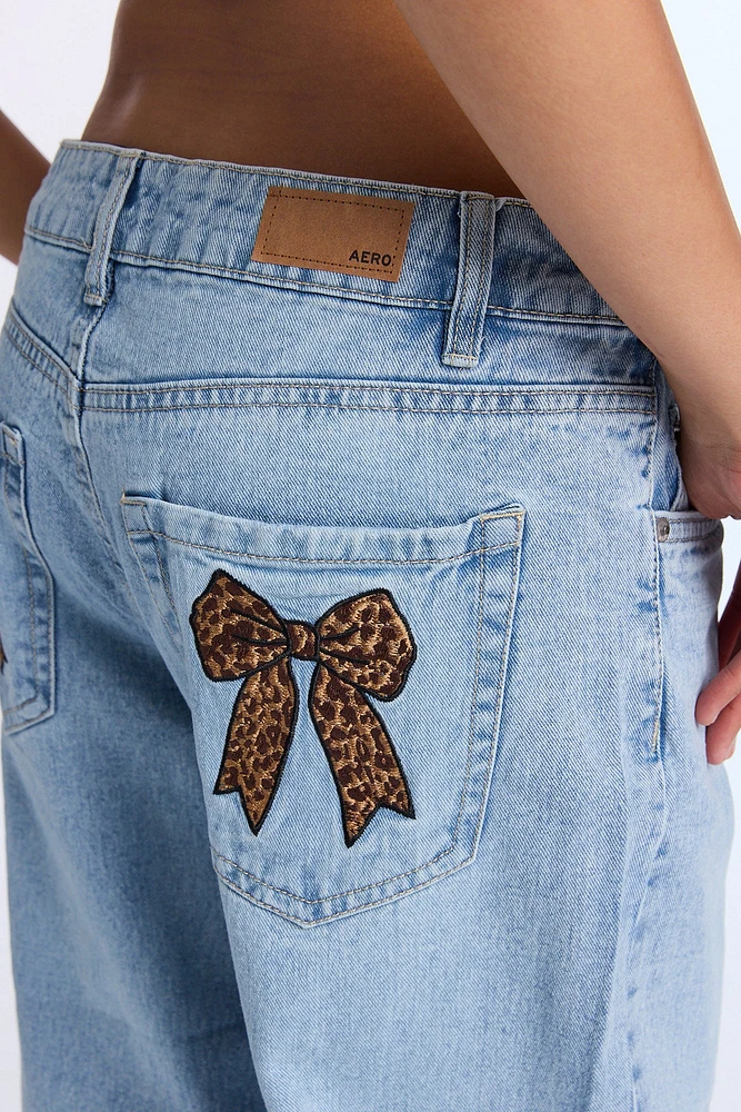 AERO Low Rise Leopard Bow Embroidered Baggy Jeans