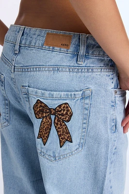 AERO Low Rise Leopard Bow Embroidered Baggy Jeans