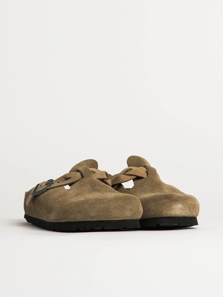 WOMENS BIRKENSTOCK BOSTON BRAIDED SUEDE CLOG - TAUPE