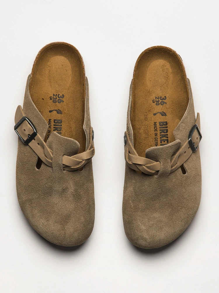 WOMENS BIRKENSTOCK BOSTON BRAIDED SUEDE CLOG - TAUPE