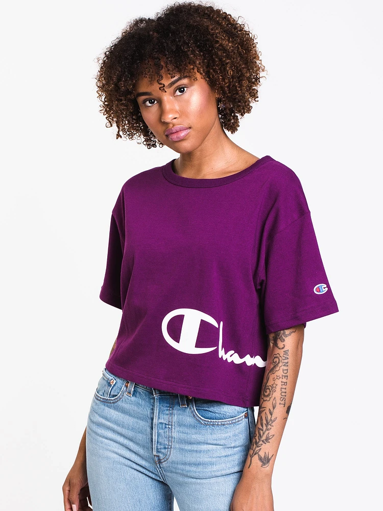 WOMENS WRAP AROUND CROP SHORT SLEEVE TEE - PUR CLEARANCE