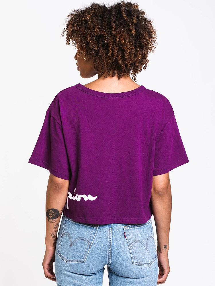 WOMENS WRAP AROUND CROP SHORT SLEEVE TEE - PUR CLEARANCE