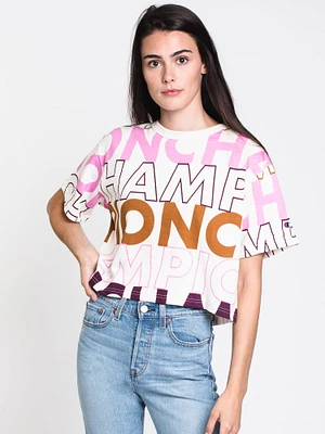 WOMENS HERITAGE BLOCK TEXT CROP TEE - CLEARANCE