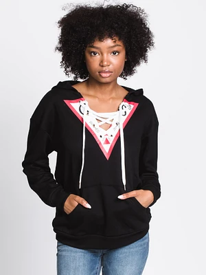 GUESS TRIANGLE LACE FRONT PULLOVER HOODIE - CLEARANCE