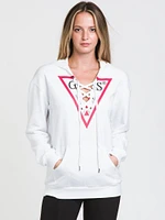 GUESS TRIANGLE LOGO FRONT LACE PULLOVER HOODIE - CLEARANCE