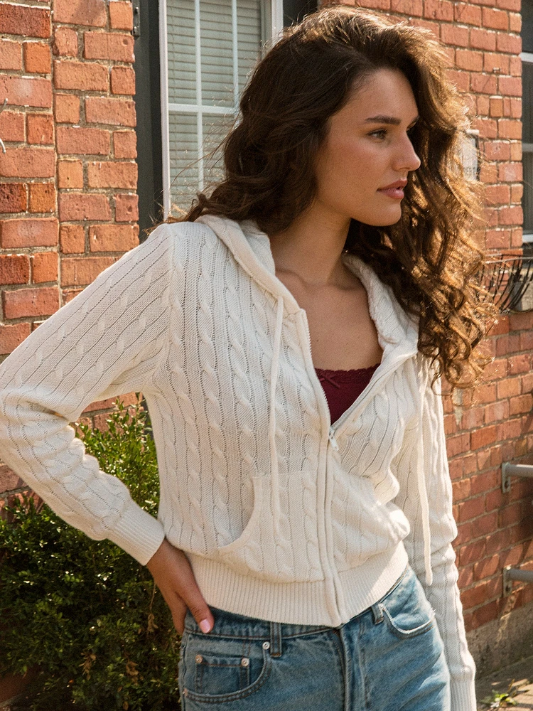 CHANDAIL ZIPPÉ EN TRICOT TORSADÉ HARLOW MAUDE - BLANC CASSÉ