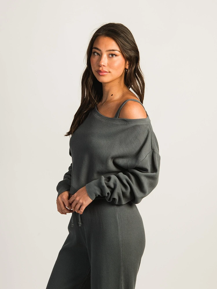 HARLOW OFF THE SHOULDER WAFFLE LONG SLEEVE - STONE