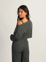 HARLOW OFF THE SHOULDER WAFFLE LONG SLEEVE - STONE