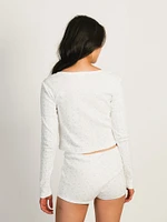 HARLOW PIA POINTELLE DITSY LONG SLEEVE HENLEY - OFF WHITE