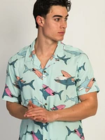 ISLAND HAZE SURFING SHARK SHORT SLEEVE WOVEN SHIRT - AQUA