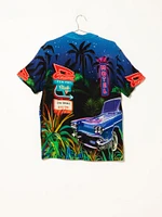 CHEMISE À MANCHES COURTES EN RAYONNE IMPRIMÉ GRAPHIQUE POUR HOMMES, AVEC BOUTONS