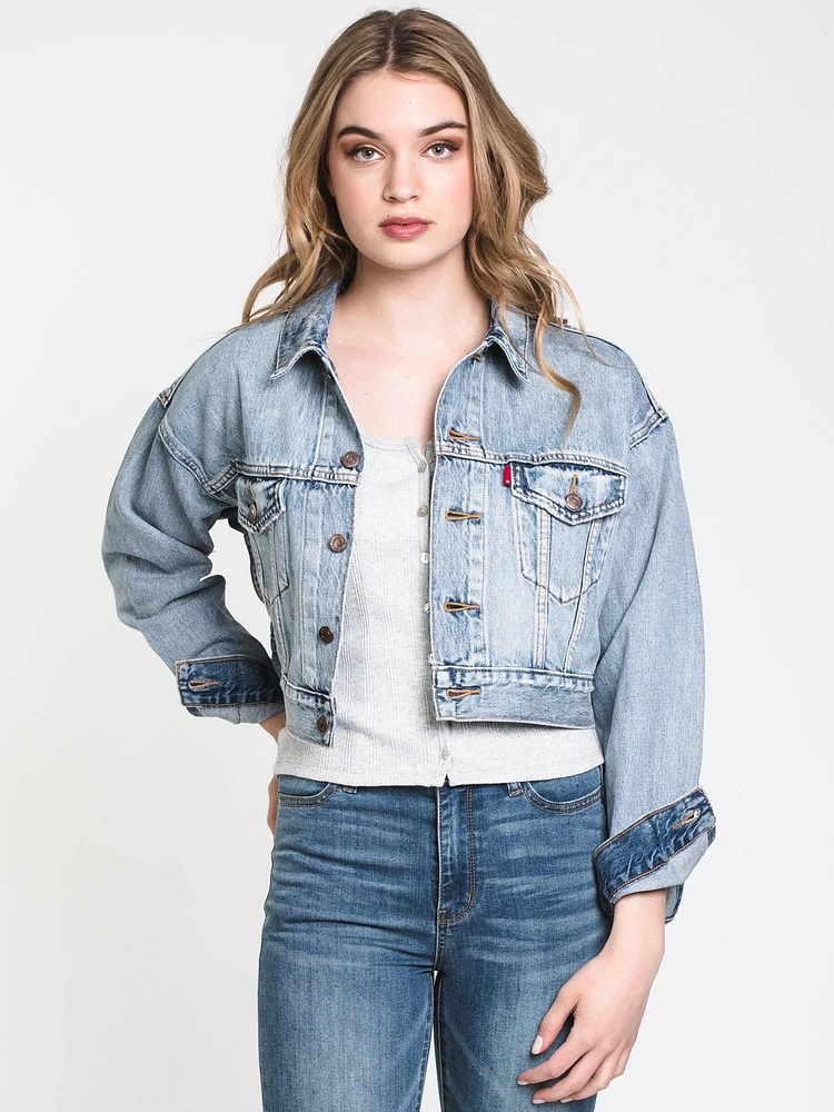 WOMENS CROP DAD TRUCKER JACKET - DENIM CLEARANCE