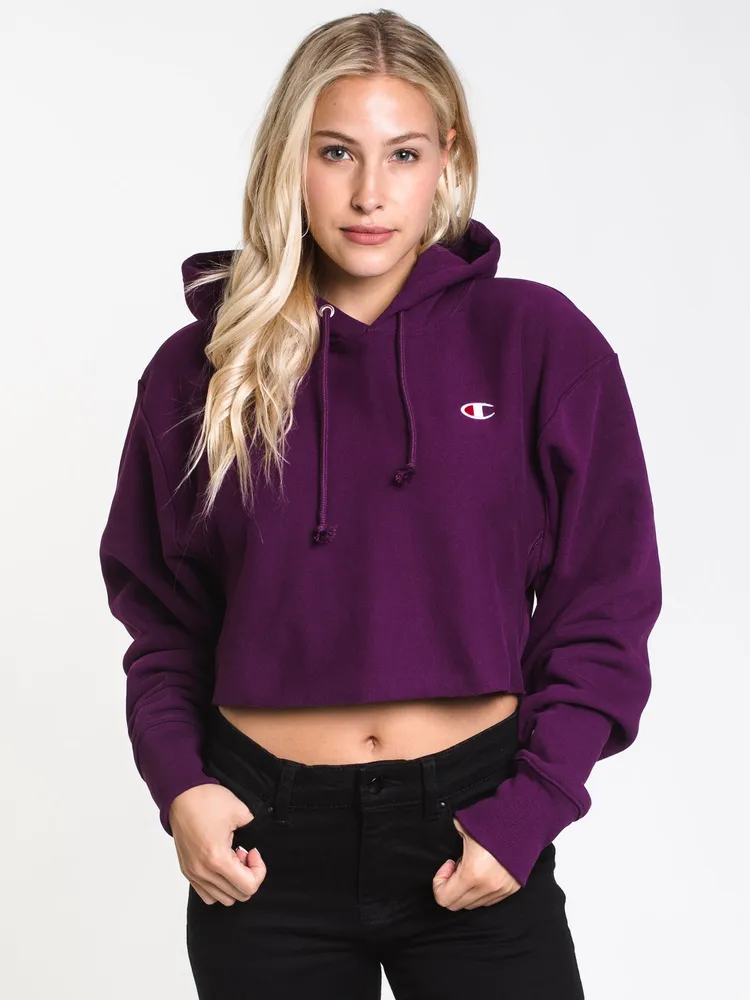 WOMENS CROP CUTOFF PULLOVER HOODIE- PURPLE - CLEARANCE