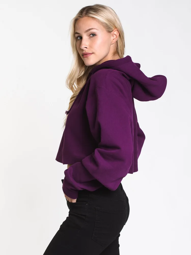 WOMENS CROP CUTOFF PULLOVER HOODIE- PURPLE - CLEARANCE