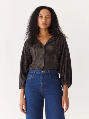 The Plaid Button Up Long Sleeve Blouse Dark Blue