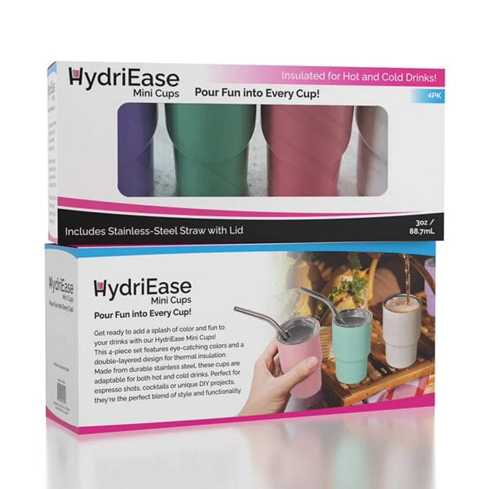 HydriEase Mini 3oz Vacuum Insulated Tumbler Shot Glass Cups With Straws (4pk)