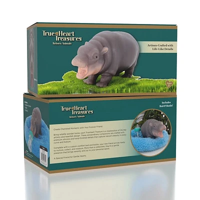 True Heart Treasures Silicone Reborn Animals: Mini Hippo Newborn Baby (Includes Bed & Bottle)