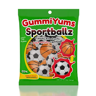 GummiYums! EyeBallz & SportBallz (8pc) | Marshmallow Candy W/ Sour Fruity Centre