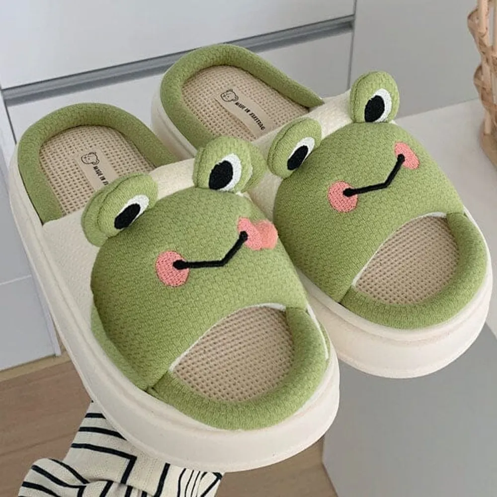 Frog Shhhandals Slippers | Unisex Linen Waffle Knit Plush Animal Slides Multiple Sizes