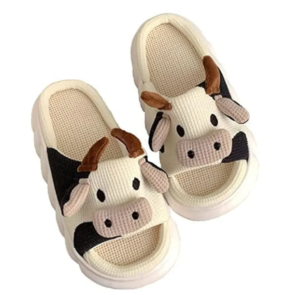 Cow Shhhandals Slippers | Unisex Linen Waffle Knit Plush Animal Slides | Multiple Sizes