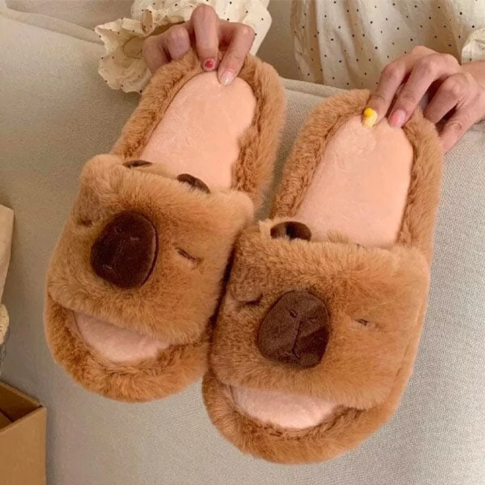 Fluffy Capybara Slippers Unisex Open-Toe Plush Slides (Multiple Sizes)