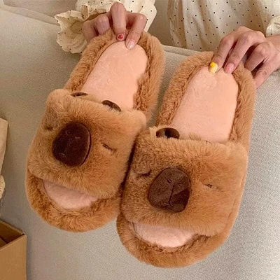 Fluffy Capybara Slippers Unisex Open-Toe Plush Slides (Multiple Sizes)