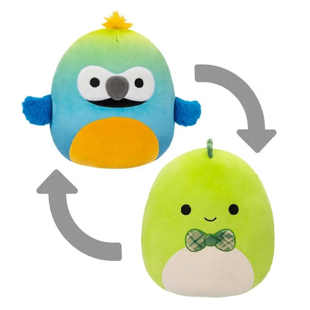 Squishmallows Flip-A-Mallows 5" Reversible Plush Toy Danny The Dinosaur (Bowtie) & Baptise The Macaw