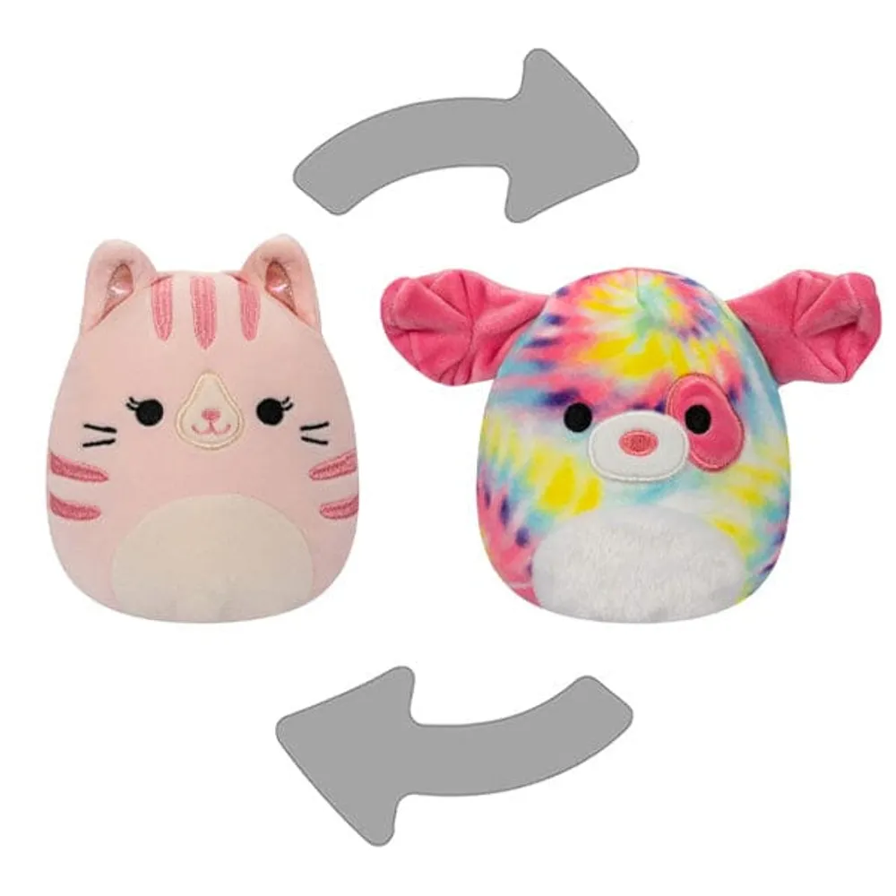 Squishmallows Flip-A-Mallows 5" Reversible Plush Toy | Laura the Pink Tabby Cat & Shena the Tie Dye Dog