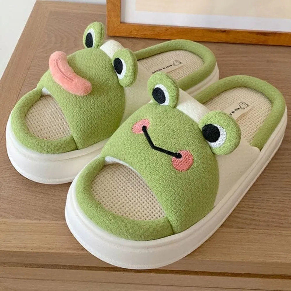 Frog Shhhandals Slippers | Unisex Linen Waffle Knit Plush Animal Slides | Multiple Sizes